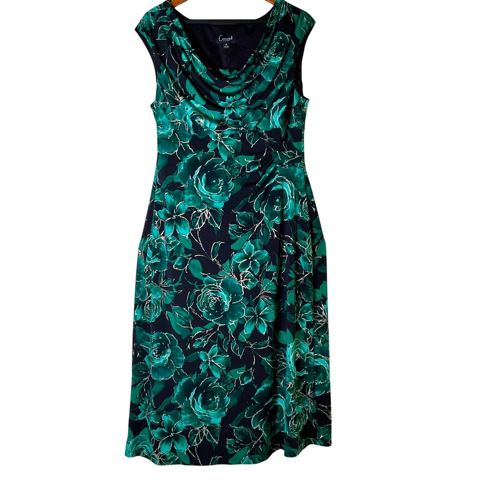Connected Apparel Green Floral Cowl Neck Ruched Midi Dress Plus Size 16 Cocktail